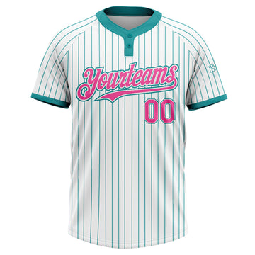 Custom White Teal Pinstripe Pink Two-Button Unisex Softball Jersey