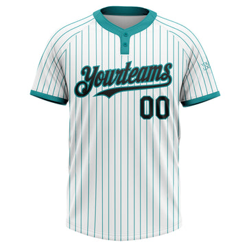 Custom White Teal Pinstripe Black Two-Button Unisex Softball Jersey