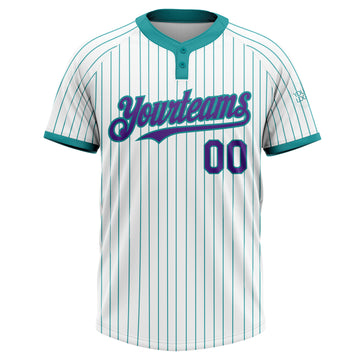 Custom White Teal Pinstripe Purple Two-Button Unisex Softball Jersey