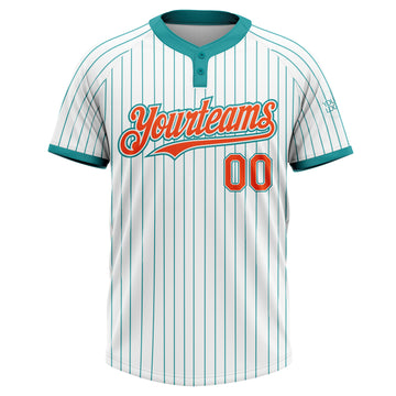 Custom White Teal Pinstripe Orange Two-Button Unisex Softball Jersey