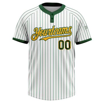 Custom White Green Pinstripe Gold Two-Button Unisex Softball Jersey