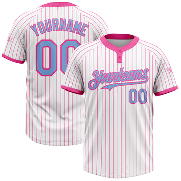 Custom White Pink Pinstripe Light Blue Two-Button Unisex Softball Jersey