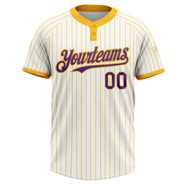 Custom White Gold Pinstripe Purple Two-Button Unisex Softball Jersey