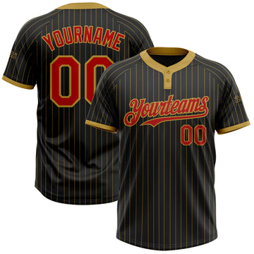 Custom Black Old Gold Pinstripe Red Two-Button Unisex Softball Jersey