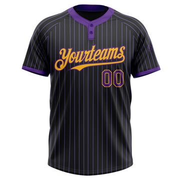 Custom Black Purple Pinstripe Gold Two-Button Unisex Softball Jersey