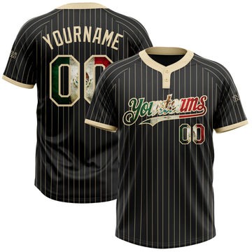 Custom Black Cream Pinstripe Vintage Mexican Flag Two-Button Unisex Softball Jersey