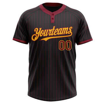 Custom Black Crimson Pinstripe Gold Two-Button Unisex Softball Jersey