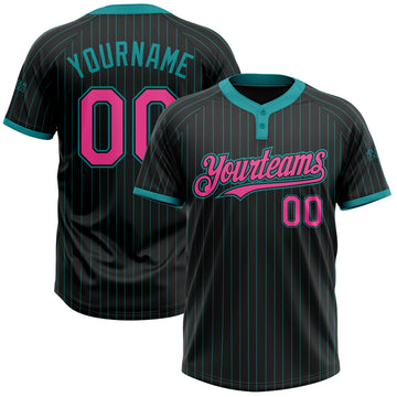 Custom Black Teal Pinstripe Pink Two-Button Unisex Softball Jersey