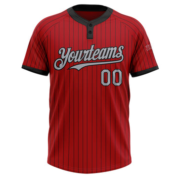 Custom Red Black Pinstripe Gray Two-Button Unisex Softball Jersey