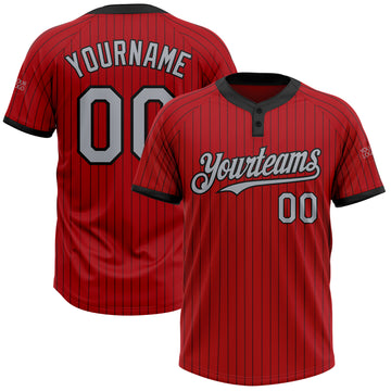 Custom Red Black Pinstripe Gray Two-Button Unisex Softball Jersey