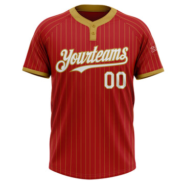 Custom Red Old Gold Pinstripe White Two-Button Unisex Softball Jersey