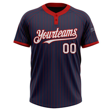 Custom Navy Red Pinstripe White Two-Button Unisex Softball Jersey