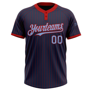 Custom Navy Red Pinstripe Light Blue Two-Button Unisex Softball Jersey