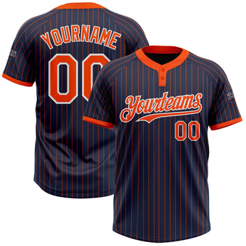 Custom Navy Orange Pinstripe White Two-Button Unisex Softball Jersey