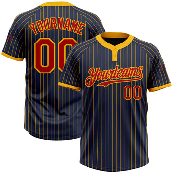 Custom Navy Gold Pinstripe Red Two-Button Unisex Softball Jersey