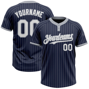 Custom Navy Gray Pinstripe White Two-Button Unisex Softball Jersey