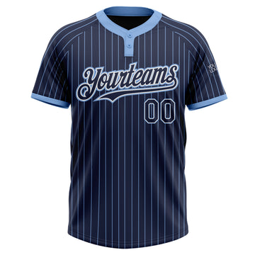 Custom Navy Light Blue Pinstripe White Two-Button Unisex Softball Jersey