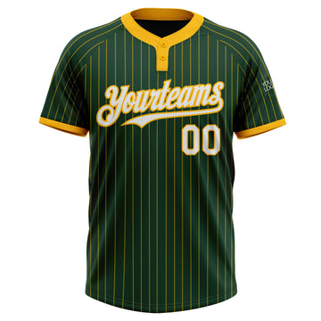 Custom Green Gold Pinstripe White Two-Button Unisex Softball Jersey