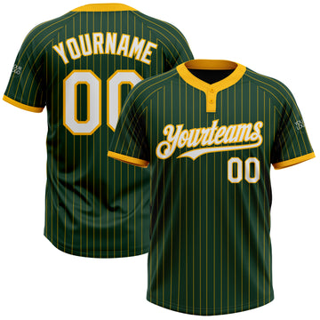 Custom Green Gold Pinstripe White Two-Button Unisex Softball Jersey