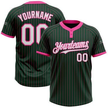 Custom Green Pink Pinstripe White Two-Button Unisex Softball Jersey