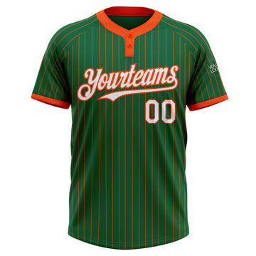 Custom Kelly Green Orange Pinstripe White Two-Button Unisex Softball Jersey