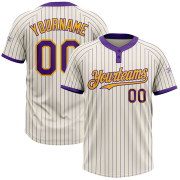 Custom Cream Purple Pinstripe Gold Two-Button Unisex Softball Jersey