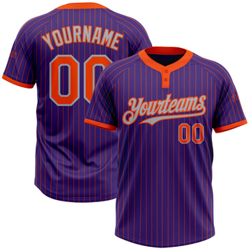 Custom Purple Orange Pinstripe Gray Two-Button Unisex Softball Jersey