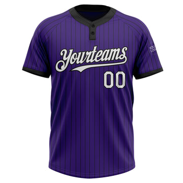 Custom Purple Black Pinstripe White Two-Button Unisex Softball Jersey