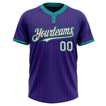 Custom Purple Teal Pinstripe White-Black Two-Button Unisex Softball Jersey