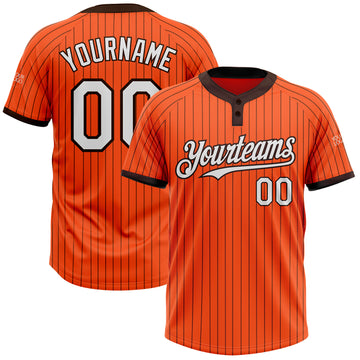 Custom Orange Brown Pinstripe White Two-Button Unisex Softball Jersey