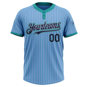 Custom Light Blue Teal Pinstripe Navy-Gray Two-Button Unisex Softball Jersey