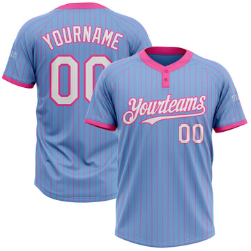 Custom Light Blue Pink Pinstripe White Two-Button Unisex Softball Jersey