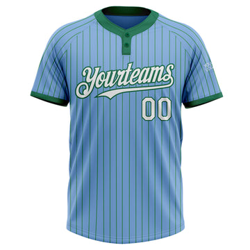 Custom Light Blue Kelly Green Pinstripe White Two-Button Unisex Softball Jersey