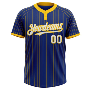 Custom Royal Yellow Pinstripe White Two-Button Unisex Softball Jersey