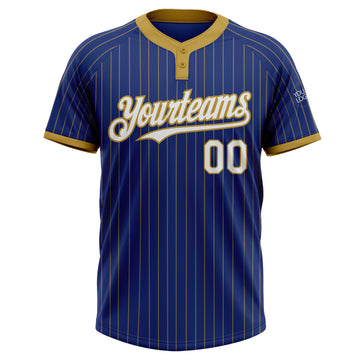 Custom Royal Old Gold Pinstripe White Two-Button Unisex Softball Jersey