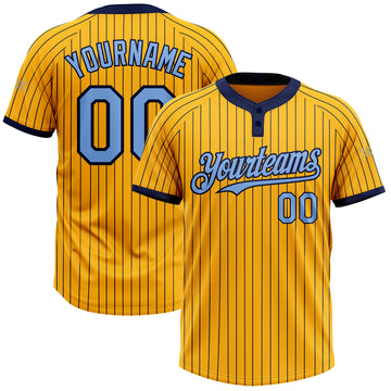 Custom Gold Navy Pinstripe Light Blue Two-Button Unisex Softball Jersey