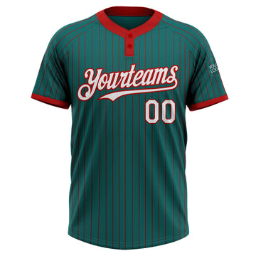 Custom Teal Red Pinstripe White Two-Button Unisex Softball Jersey