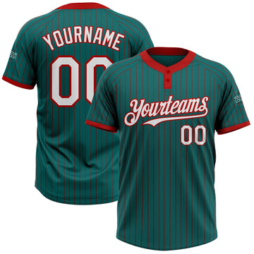 Custom Teal Red Pinstripe White Two-Button Unisex Softball Jersey