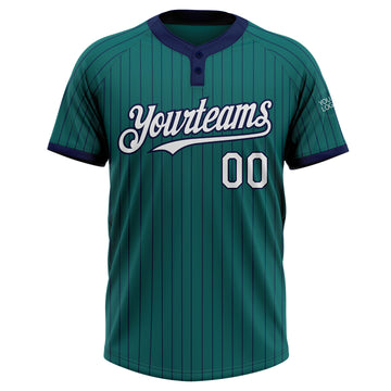 Custom Teal Navy Pinstripe White Two-Button Unisex Softball Jersey