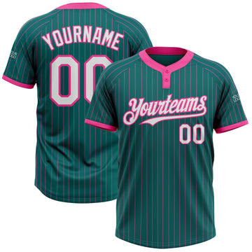 Custom Teal Pink Pinstripe White Two-Button Unisex Softball Jersey
