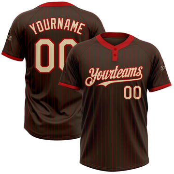 Custom Brown Red Pinstripe Cream Two-Button Unisex Softball Jersey