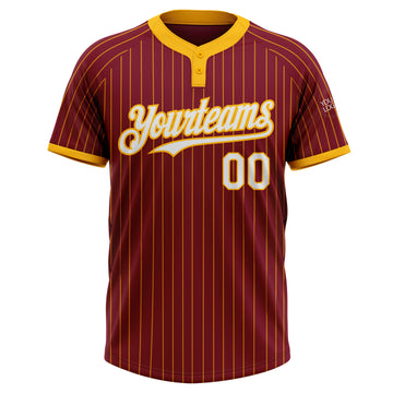 Custom Crimson Gold Pinstripe White Two-Button Unisex Softball Jersey