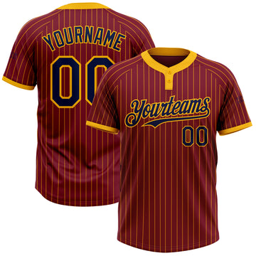 Custom Crimson Gold Pinstripe Navy Two-Button Unisex Softball Jersey