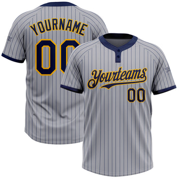 Custom Gray Navy Pinstripe Gold Two-Button Unisex Softball Jersey