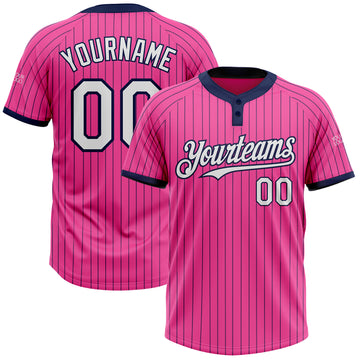 Custom Pink Navy Pinstripe White Two-Button Unisex Softball Jersey