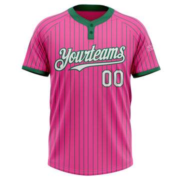 Custom Pink Kelly Green Pinstripe White Two-Button Unisex Softball Jersey