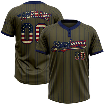 Custom Olive Navy Pinstripe Vintage USA Flag Salute To Service Two-Button Unisex Softball Jersey