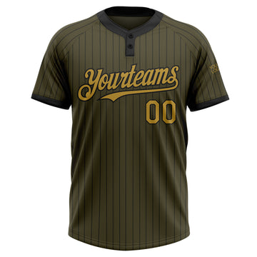 Custom Olive Black Pinstripe Old Gold Salute To Service Two-Button Unisex Softball Jersey