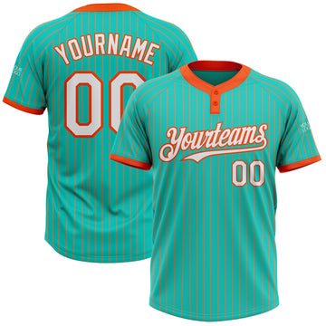 Custom Aqua Orange Pinstripe White Two-Button Unisex Softball Jersey