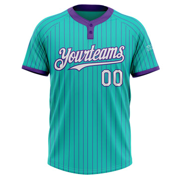 Custom Aqua Purple Pinstripe White Two-Button Unisex Softball Jersey